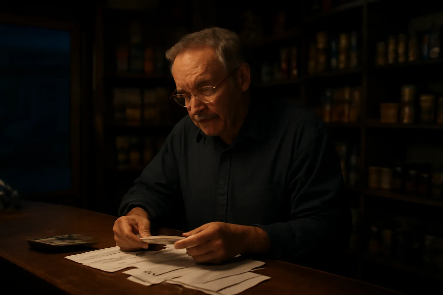 Chủ điểm bán ngồi kiểm sổ sách sau giờ đóng cửa