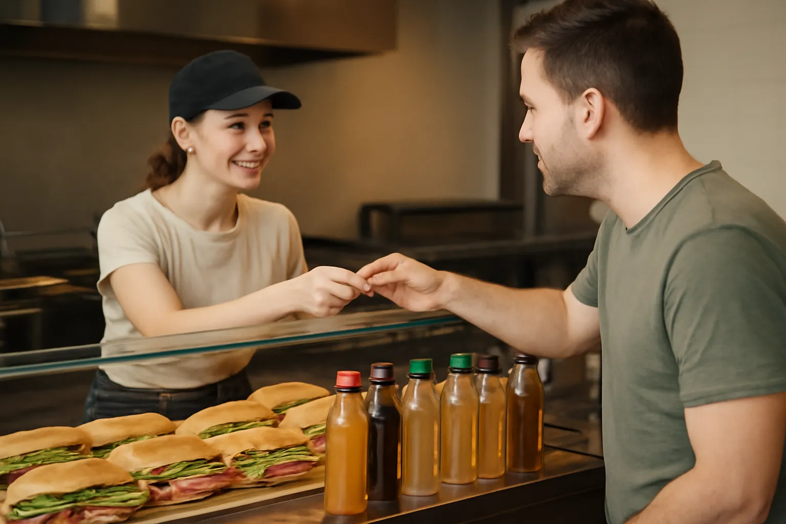 Quầy bánh mì với đồ uống bày bên cạnh