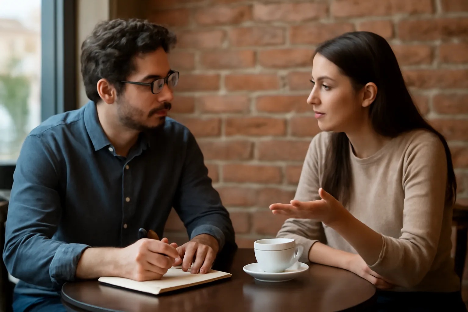 Hai người trò chuyện tại một quán nhỏ