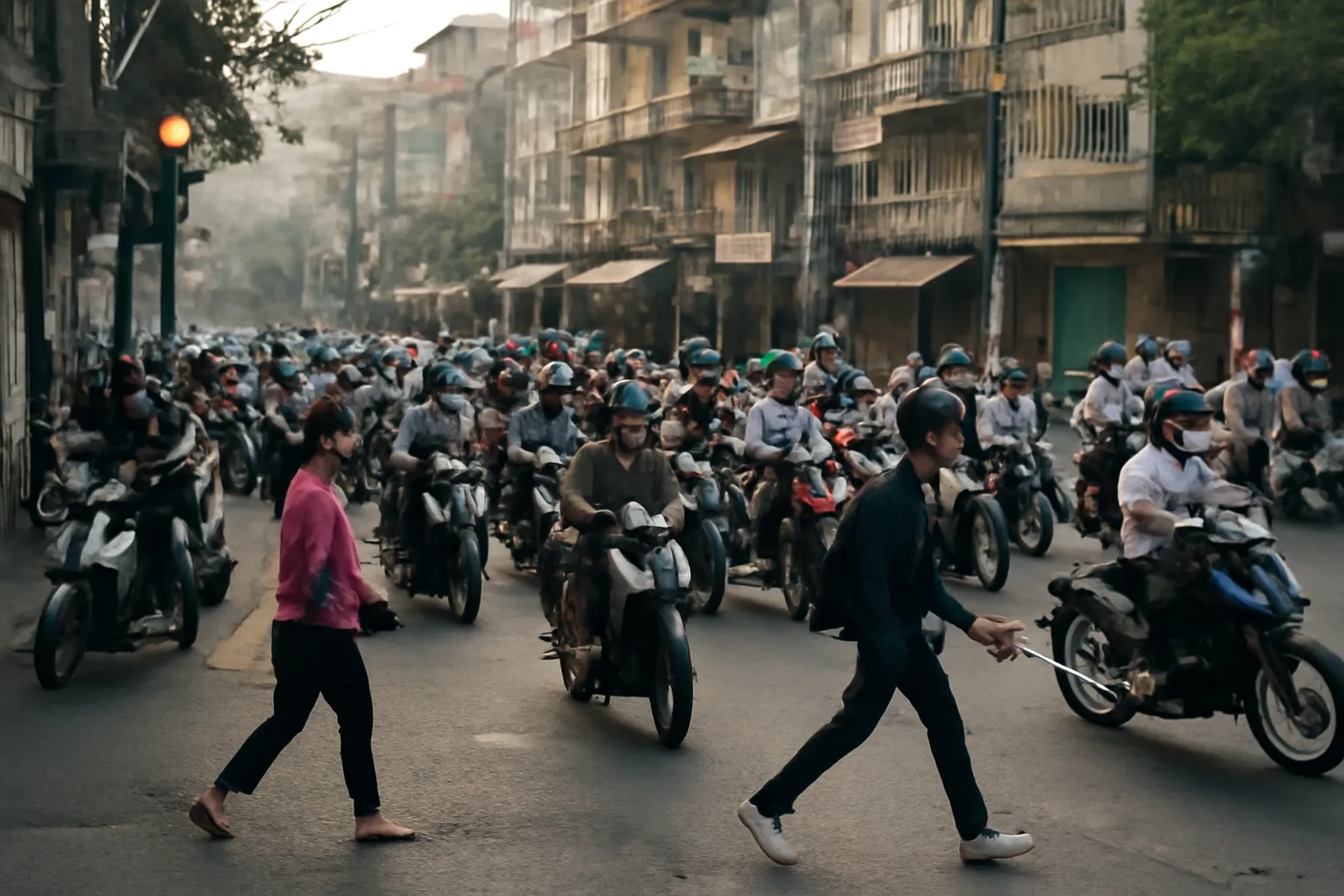 Góc phố đông người qua lại vào buổi sáng
