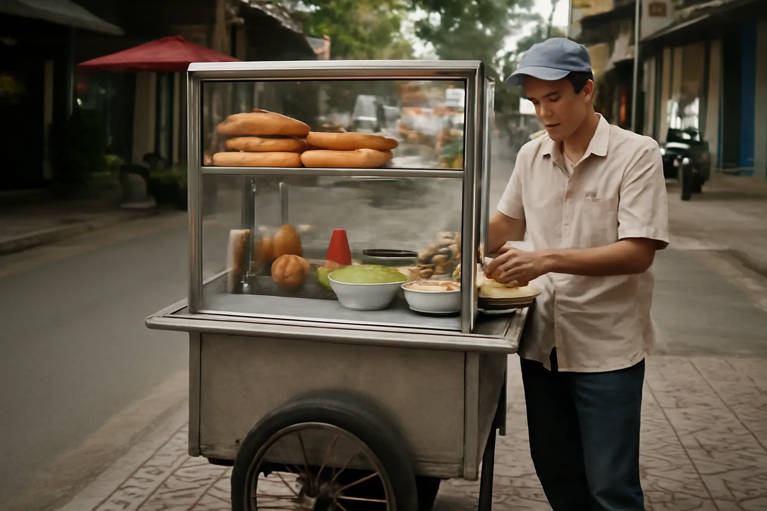 Xe đẩy bán bánh mì trên vỉa hè
