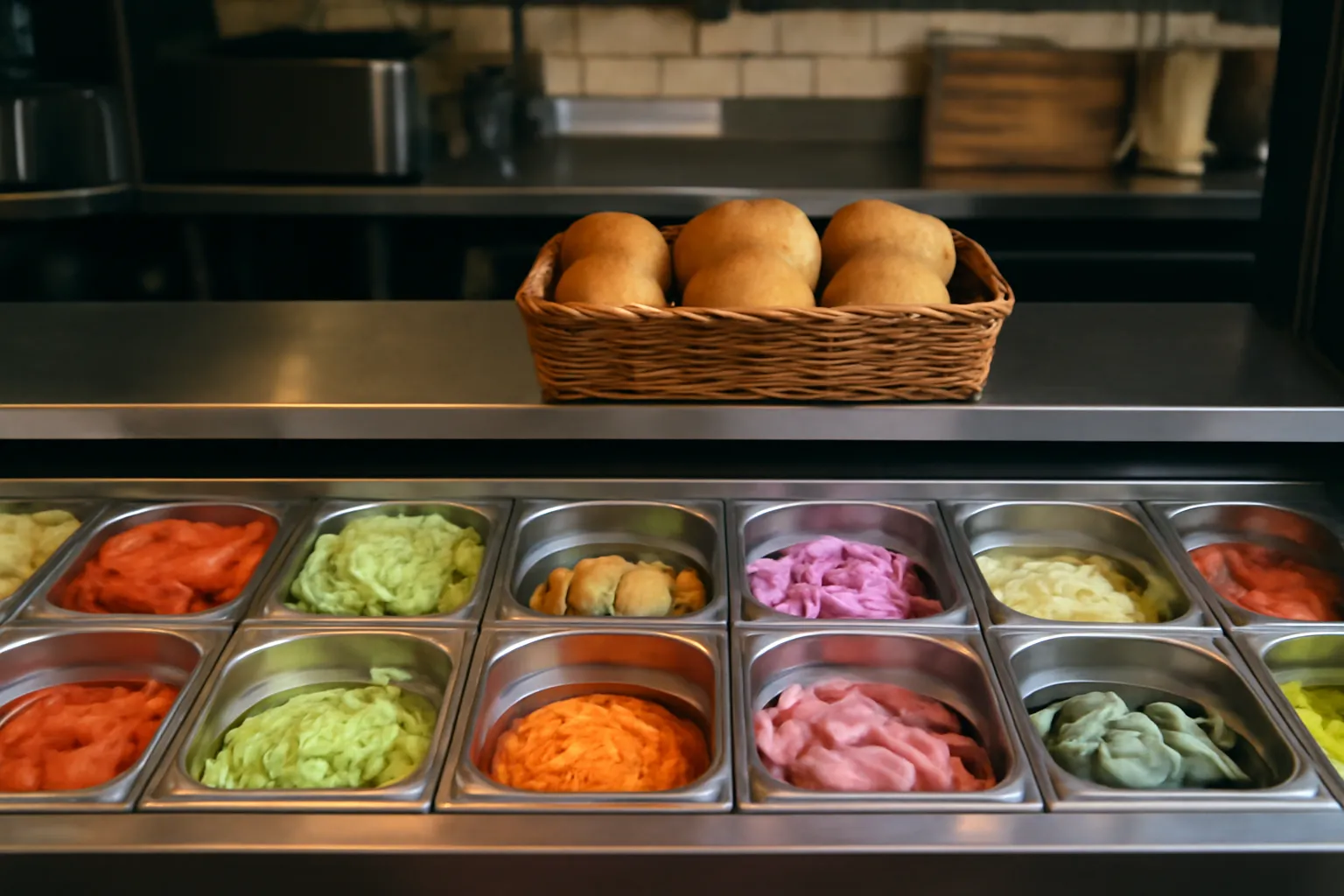 Quầy bánh mì gọn gàng với các khay nguyên liệu