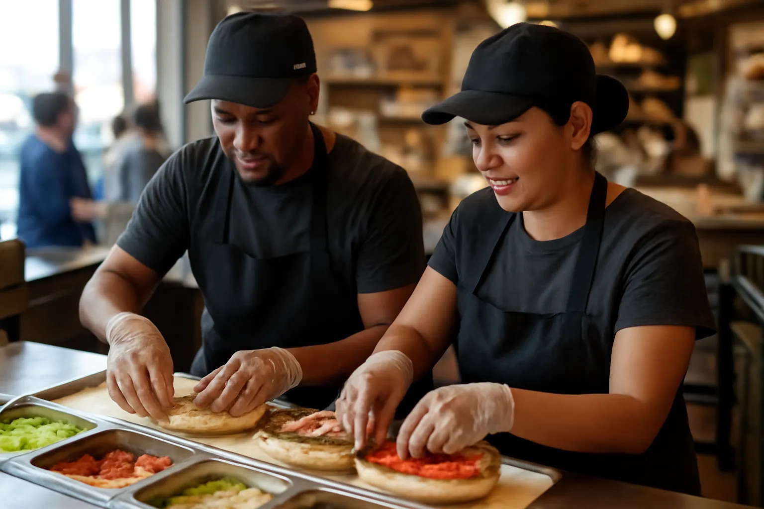 Hai nhân viên làm việc tại quầy bánh mì