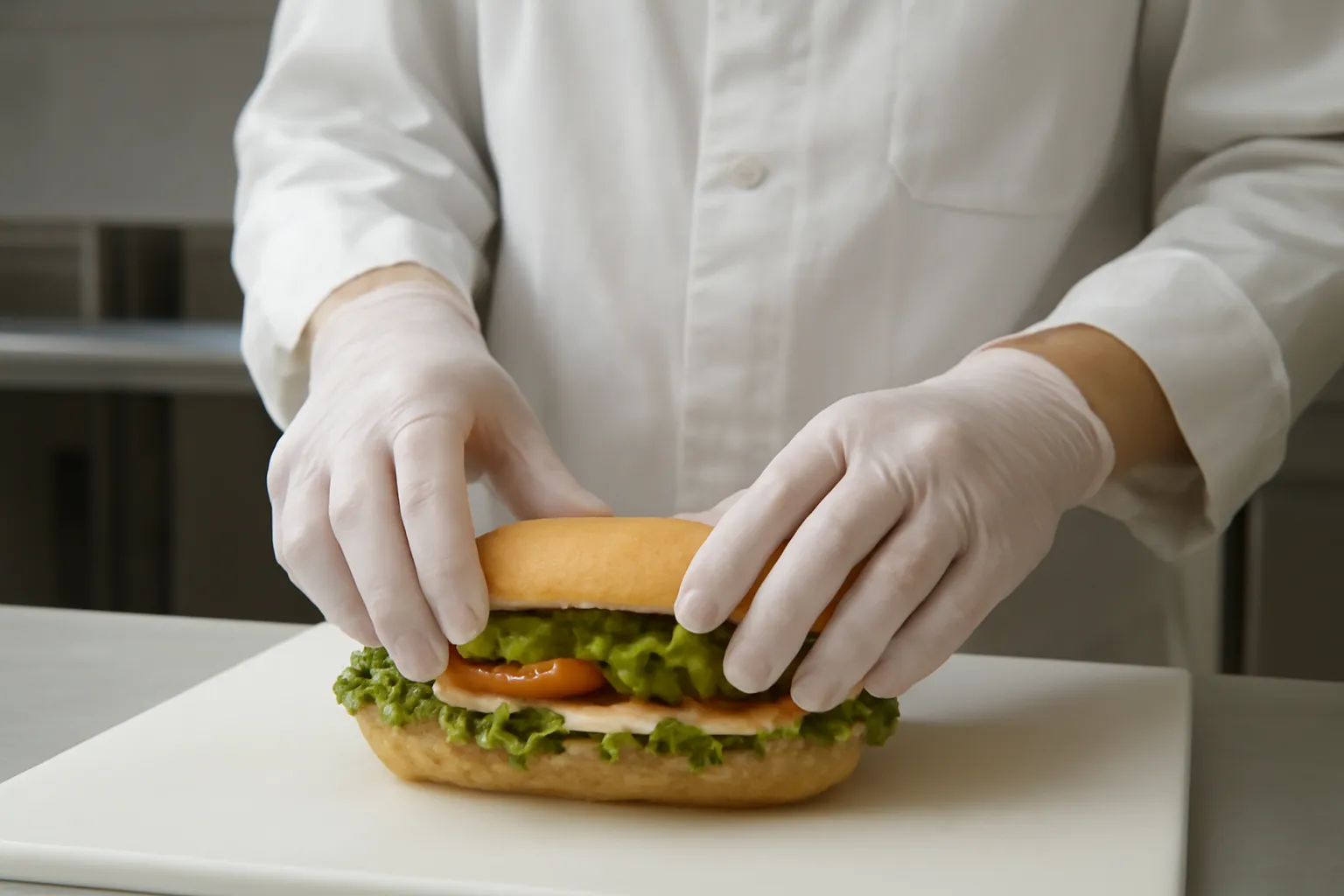 Nhân viên đeo găng tay chuẩn bị bánh mì